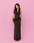 Elegant Chocolate Brown Halter Neck Maxi Dress