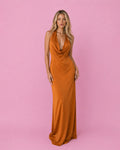 Elegant Rust Orange Halter Neck Maxi Dress