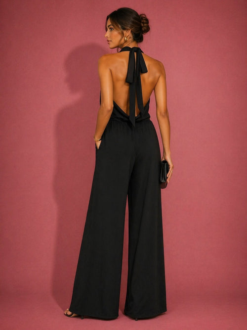 Elegant Black Halter Neck Wide Leg Jumpsuit
