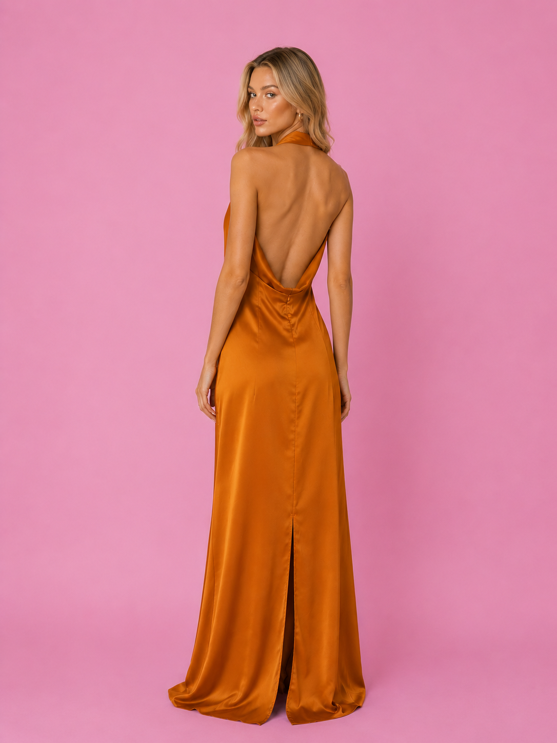 Elegant Rust Orange Halter Neck Maxi Dress
